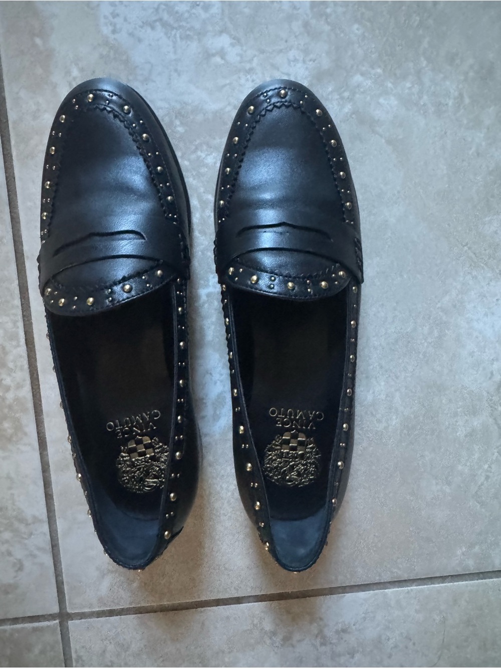 Vince Camuto Black Leather Studded Penny Loafers